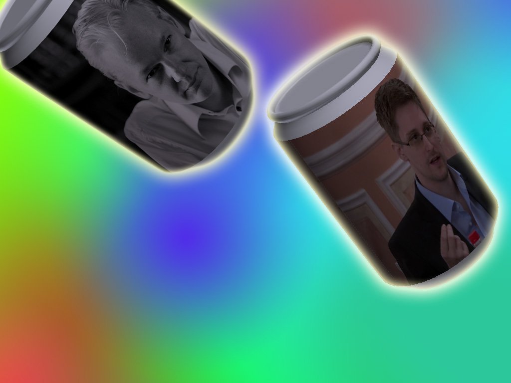 Two freebeer cans — Julian Assange and Edward Snowden, having a beer