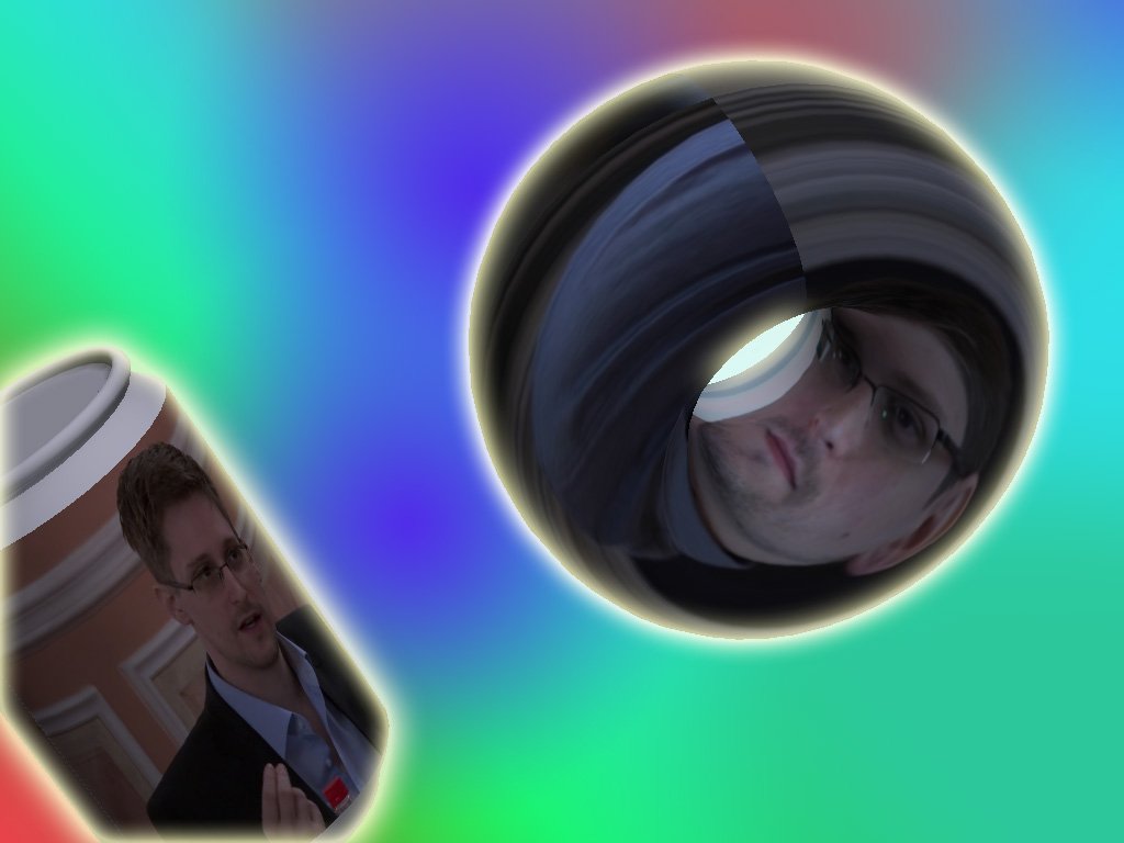 freebeer can printed with Edward Snowden, beside a surveillance-lens motif