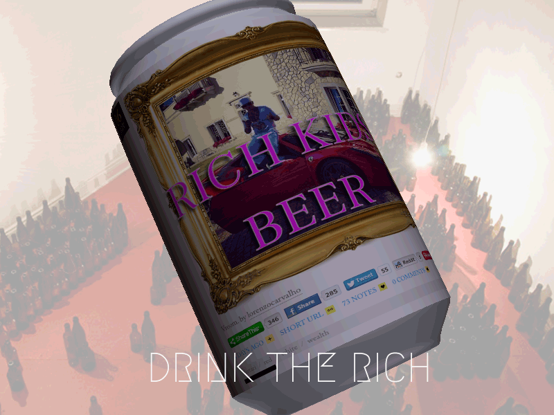 An animated Rich Kids Beer label: the framed post and bottle pulsing over the tagline DRINK THE RICH