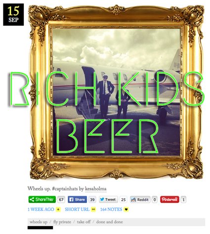 Rich Kids Beer label in green neon over a private-jet post