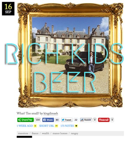 Rich Kids Beer, 16 Sep 2014 — manor house and sports car, cyan neon