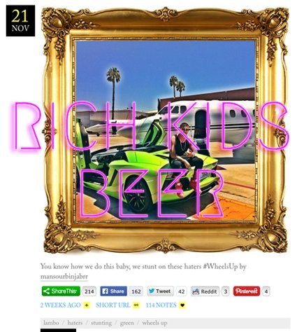 Rich Kids Beer label in magenta neon over a green Lamborghini post