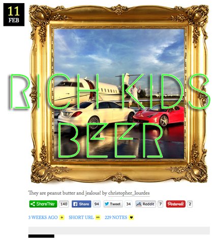 Rich Kids Beer, 06 Mar 2015 — red Ferrari and jet, green neon